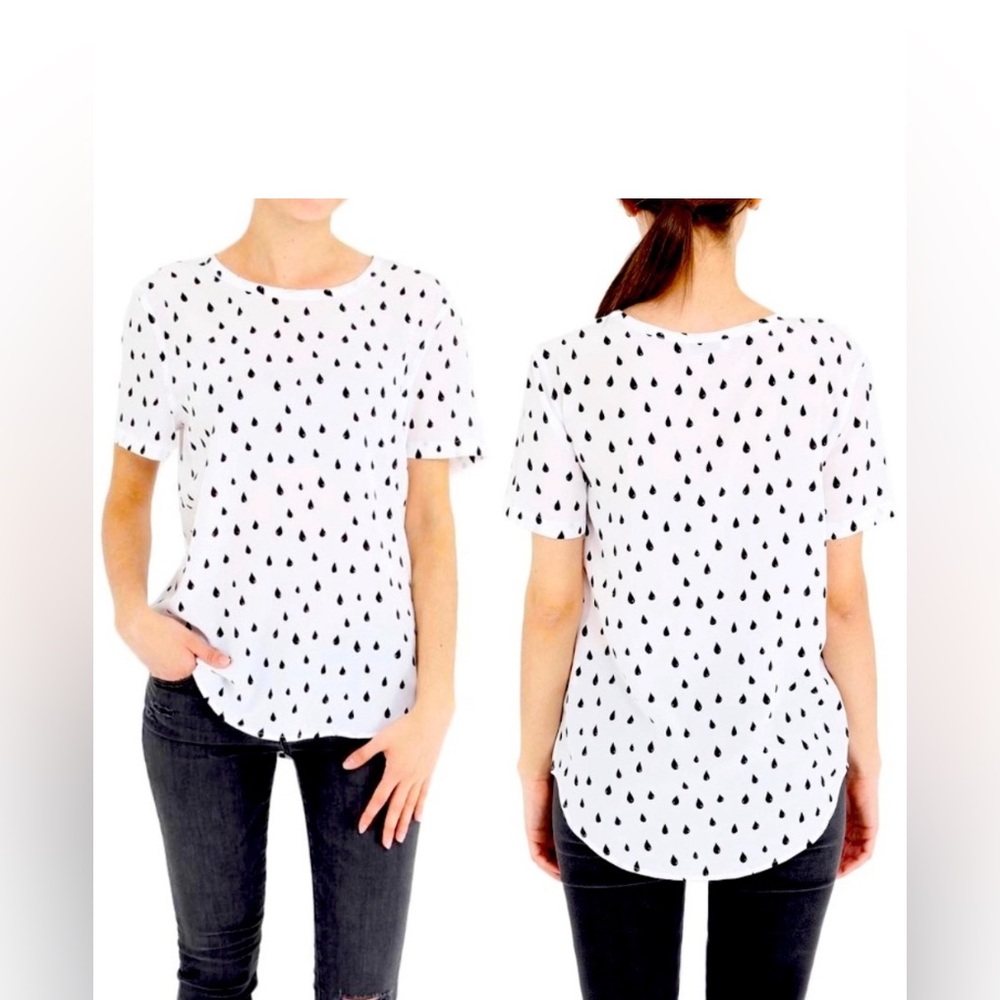 Equipment Femme Riley 100% Silk Tee White Black Raindrop Novelty Print - Size M